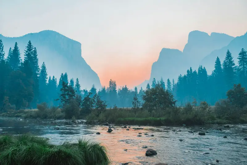 A wide river valley at dawn, mist between the pines and the first light on the far peaks